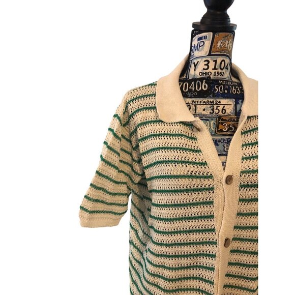 Vintage Style Green Cream Button Down Short Sleeve NERD Collared Sweater Sz XXL - Picture 3 of 16